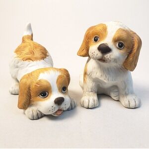 Vintage Homco Ceramic Dog Figurines Set, Spaniel Puppy Pair, Playful‎ Home Decor